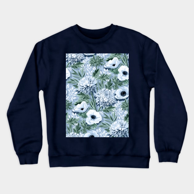 Anemones and Chrysanthemums in Green, Blue and White Crewneck Sweatshirt by micklyn